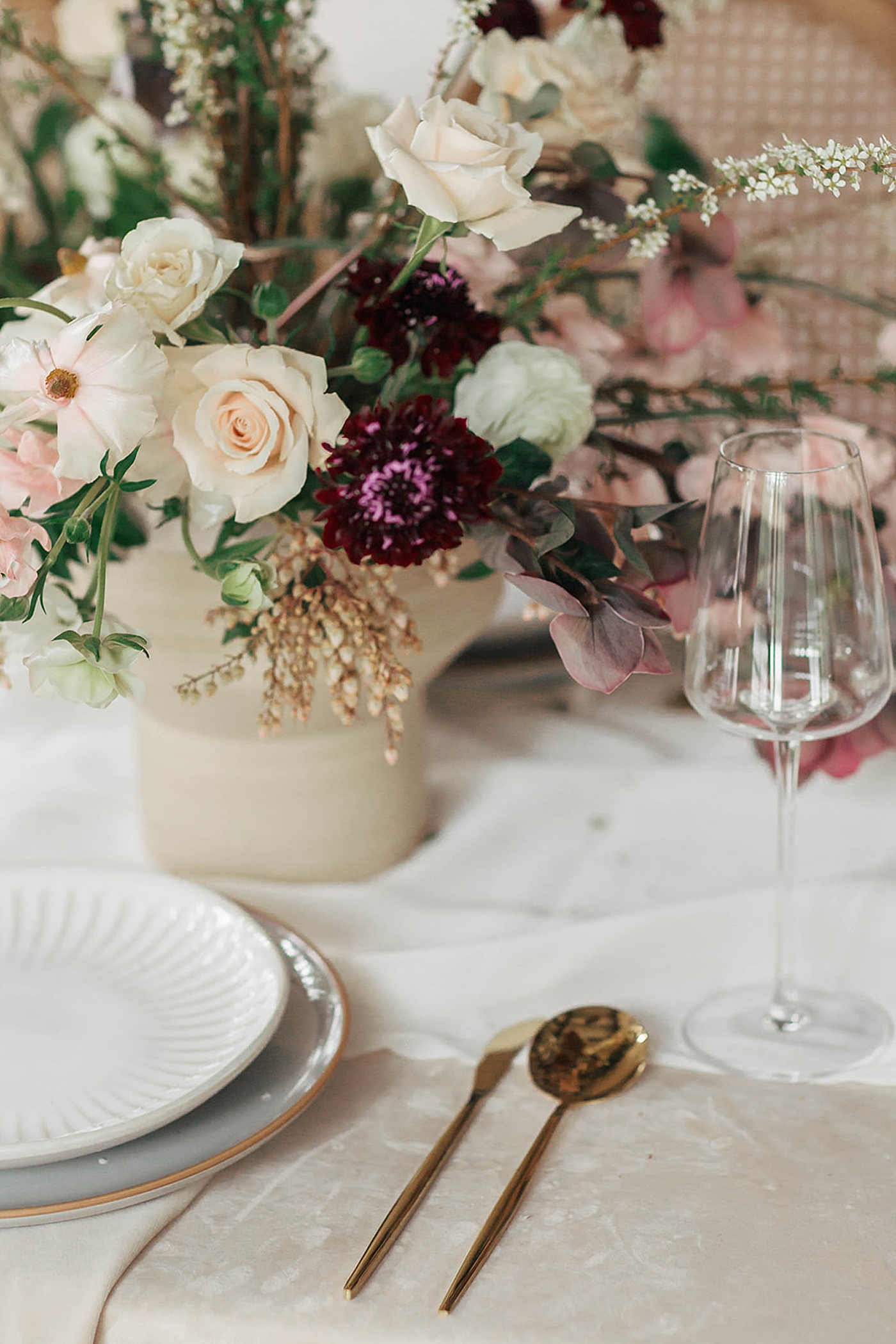 Details of wedding table with pink and blush flowers and flatware | Romantic French Countryside Editorial by Carters Event Co