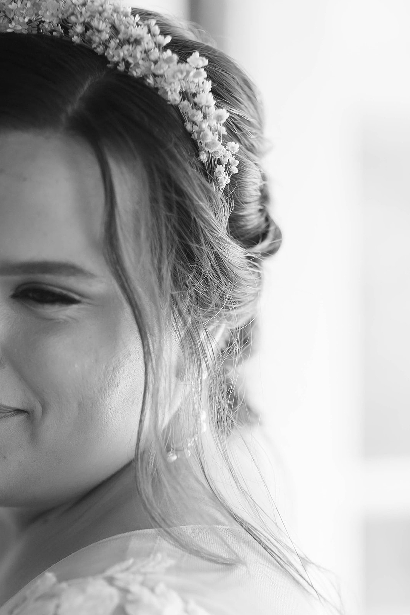 Black and white image of bride with delicate floral crown | Romantic French Countryside Editorial by Carters Event Co