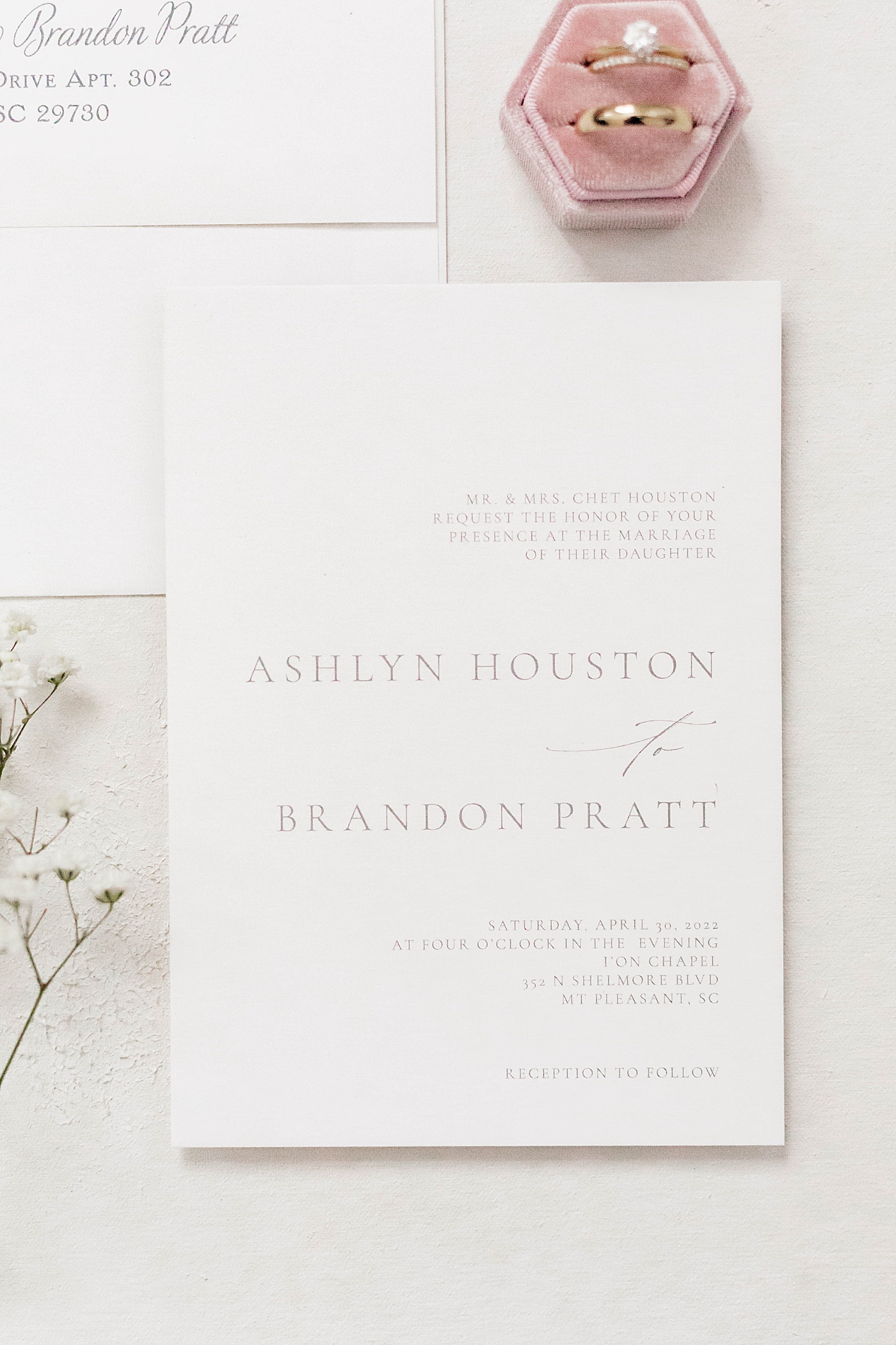 Wedding invitation with pink ring box | Carters Event Co