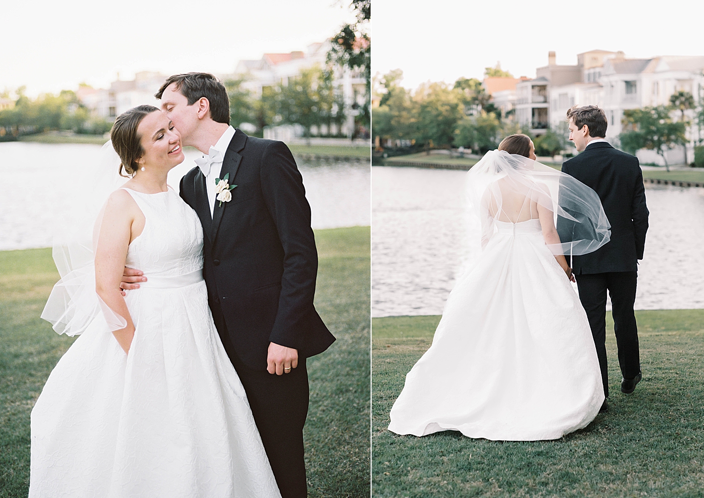 Bride and groom portraits near a pond during their Intimate spring wedding | Carters Event Co