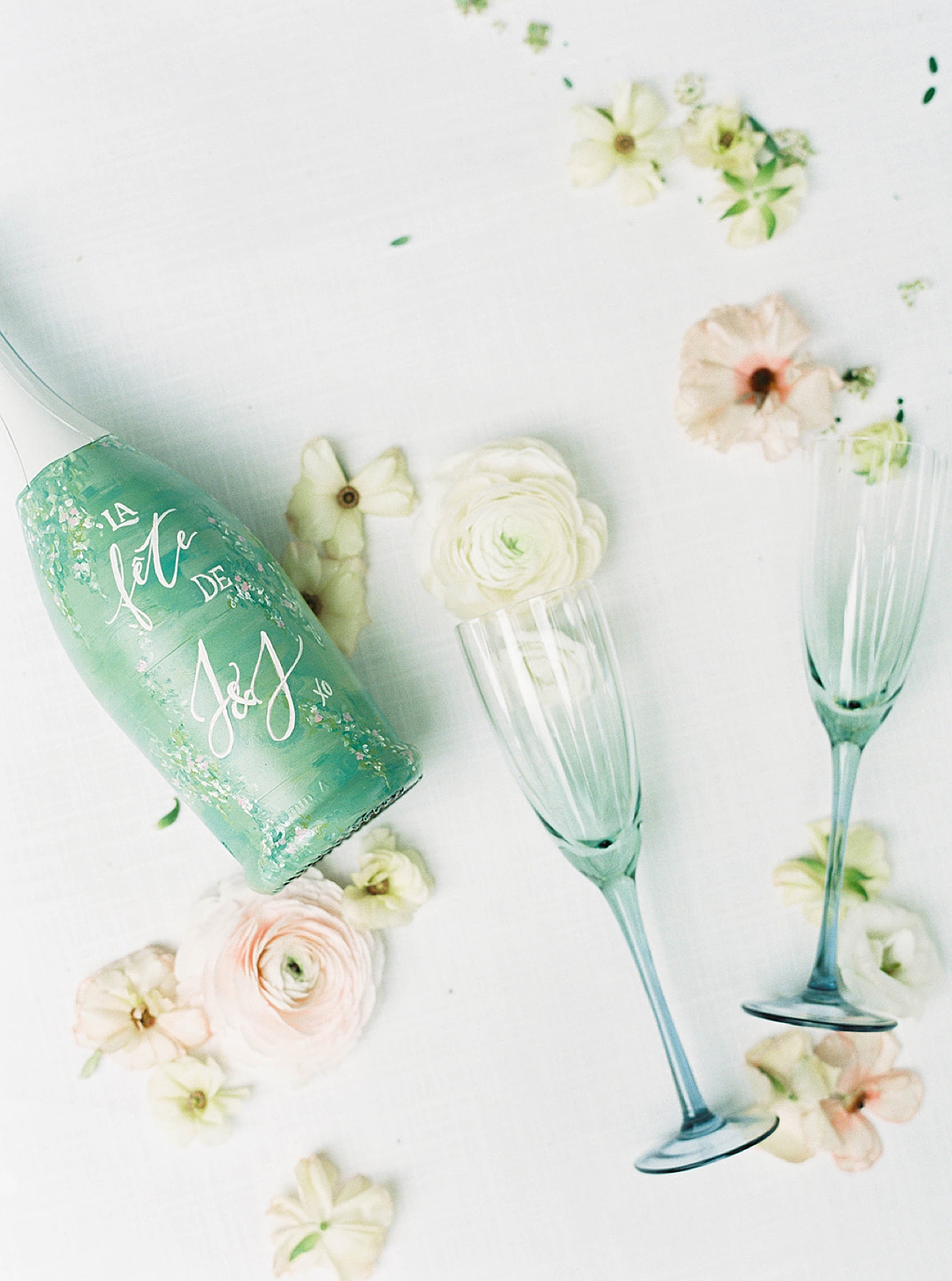 Painted champagne bottle with blue flutes | Charleston Photography Workshop with Carters Event Co