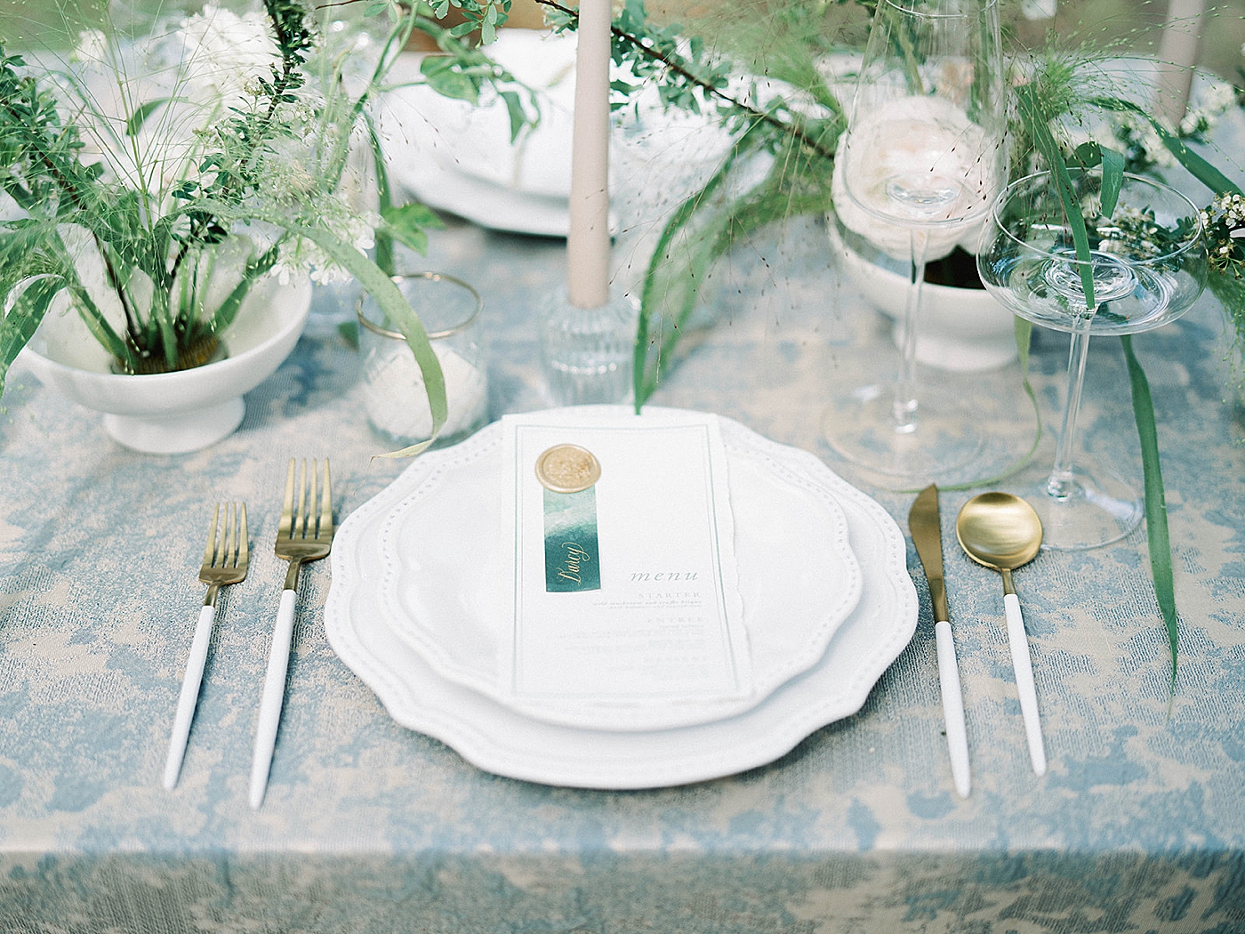 Table setting with gold and white flatware | Charleston Photography Workshop with Carters Event Co