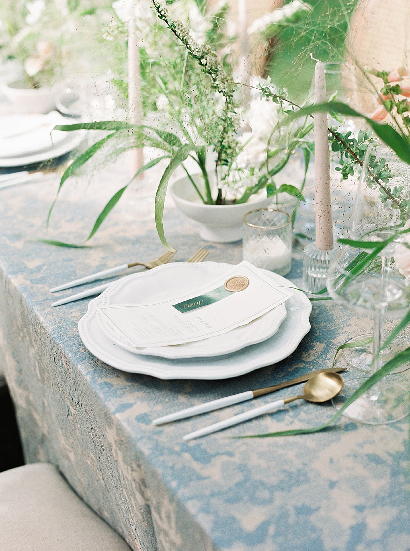 Reception details with place setting and greenery | Carters Event Co