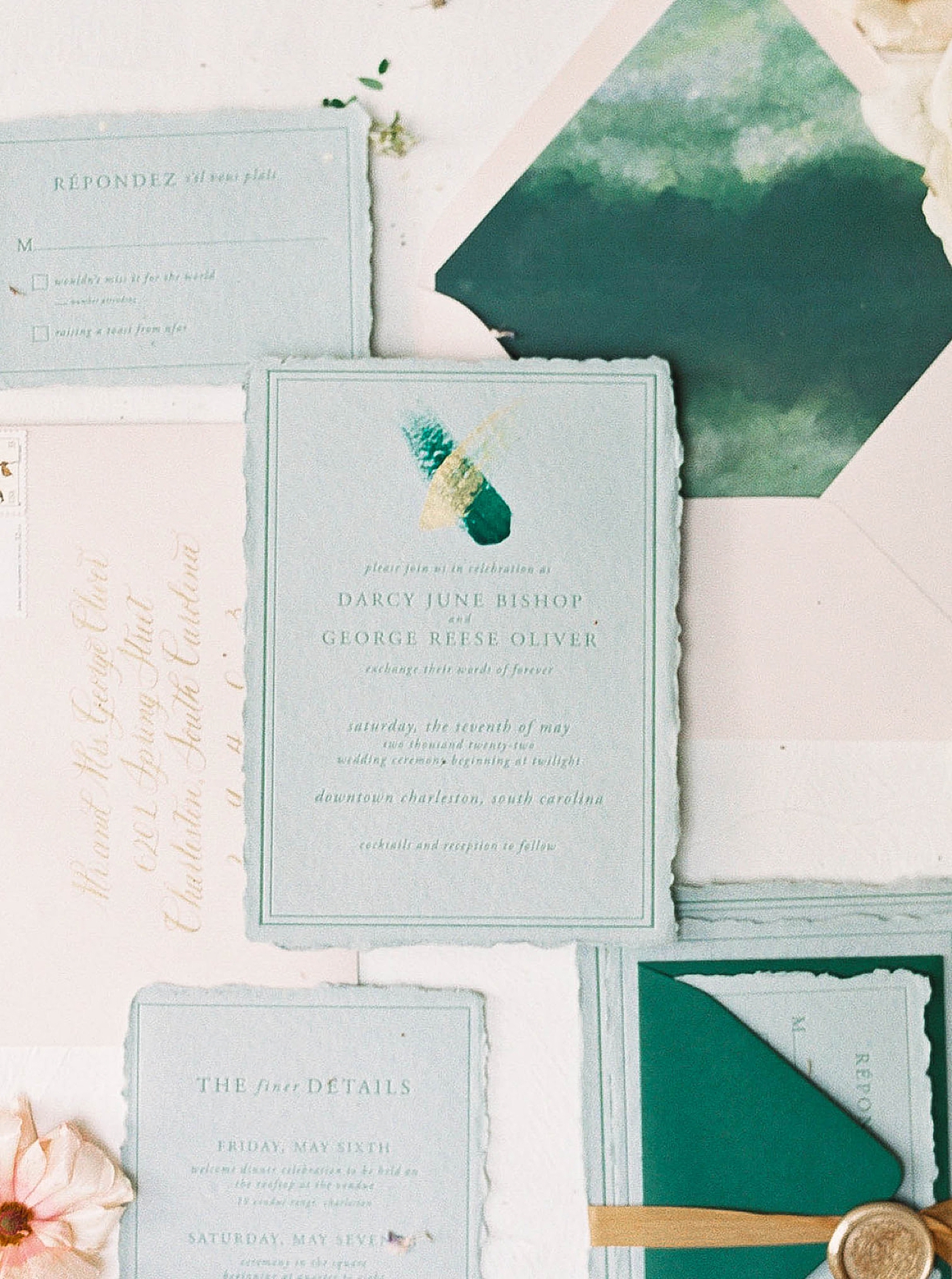 Letterpress wedding invitations on pale blue paper with envelope insert | Carters Event Co